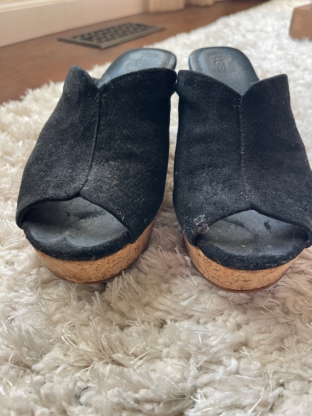 Ugg Suede Black Wedge Sandals Cork Heels Sz 9 - Picture 2 of 3
